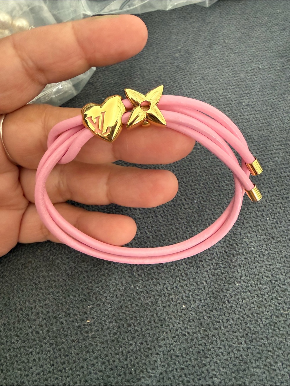 Louis Vuitton Pink Cord Wrap Bracelet with Gold LV Heart and Flower